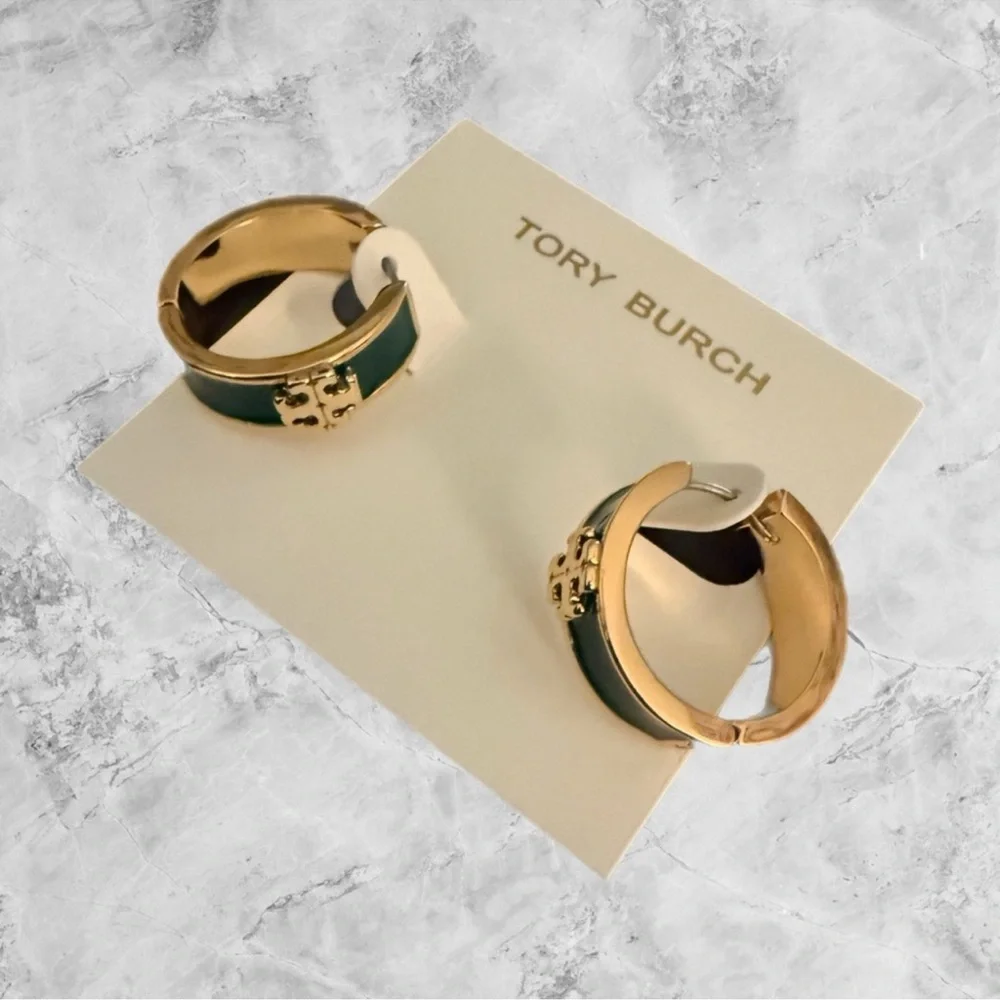 TORY BURCH Kira Dark Green Gold Enamel Hoop Earrings $139 NEW
